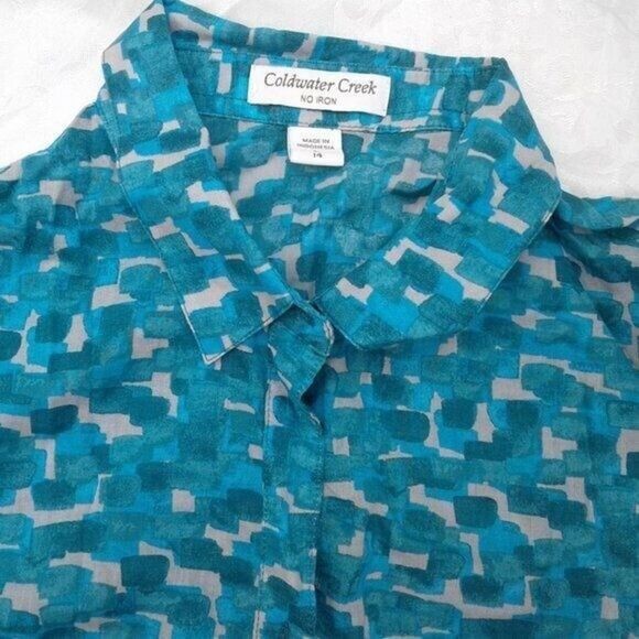 Coldwater Creek Longsleeve Lightweight No Iron Button Top Green Blue Gray Sz 14 - Picture 2 of 5